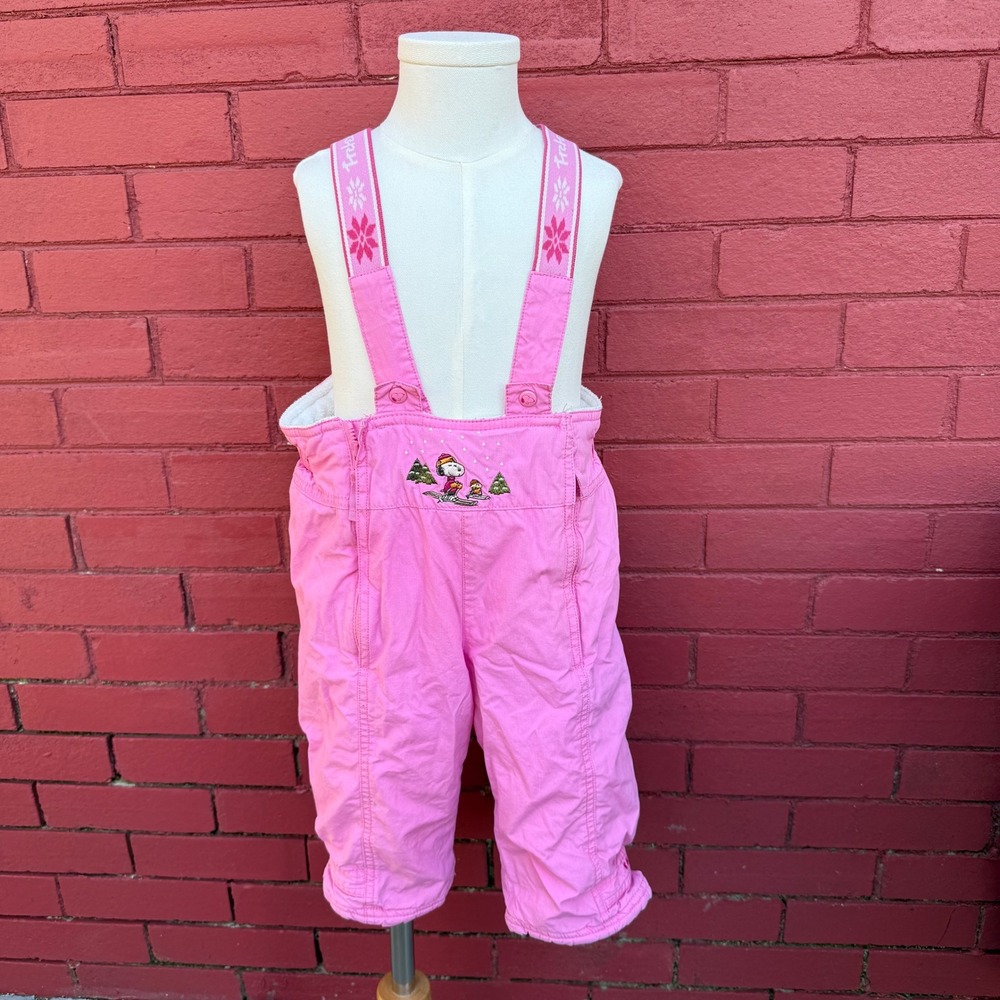 H & M Snoopy Pink Ski Snow Bib Overalls Embroidered Winter‎ Pants 9-12 Months